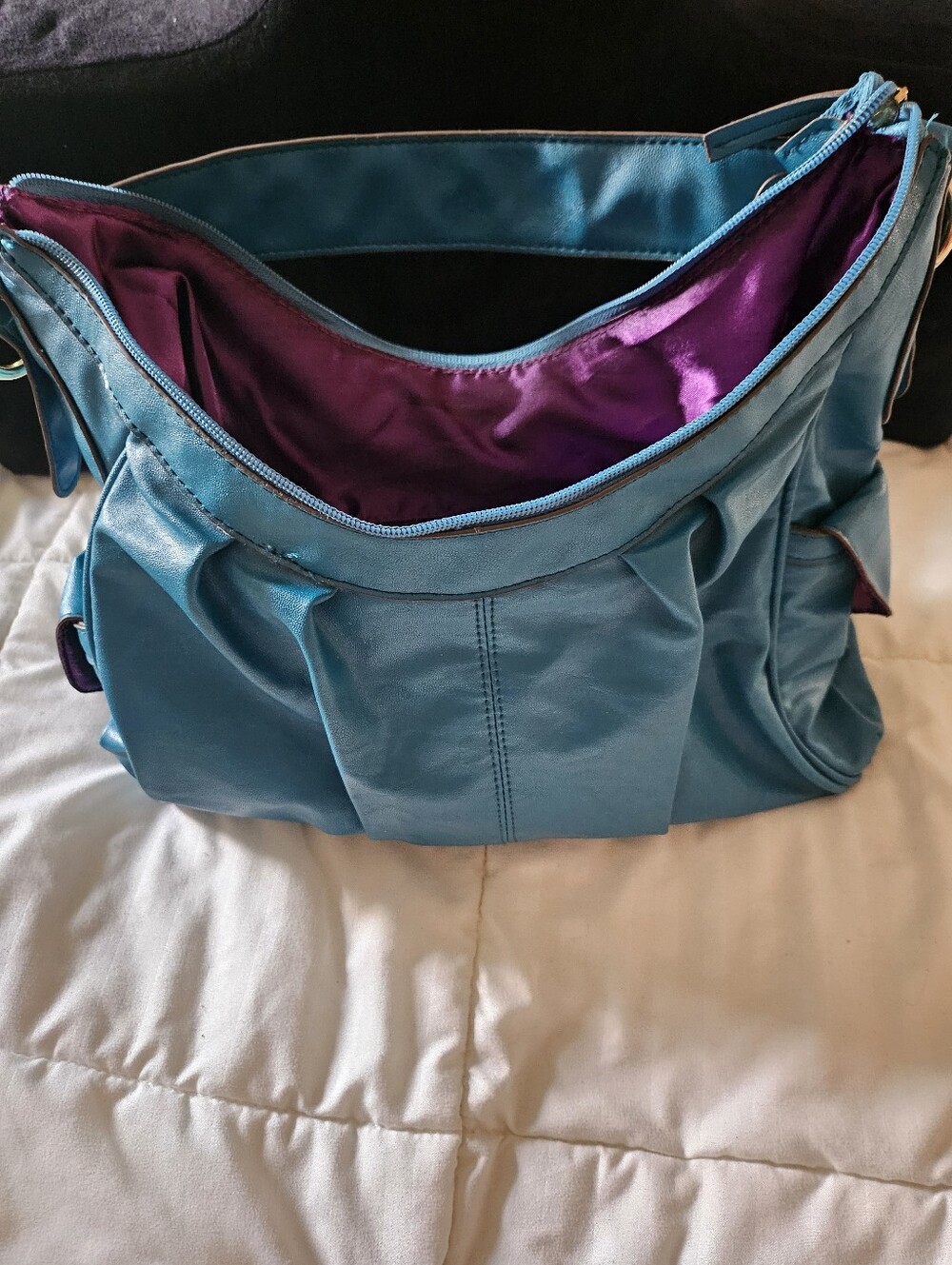 Mondani NY Teal Shoulder Bag with Purple Lining